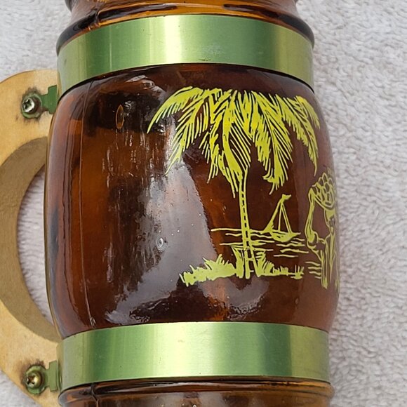 VTG Siesta Ware Brown Glass Barrel 5.5" Mug Wood Handle Bahama Islands RARE GUC - Picture 5 of 13